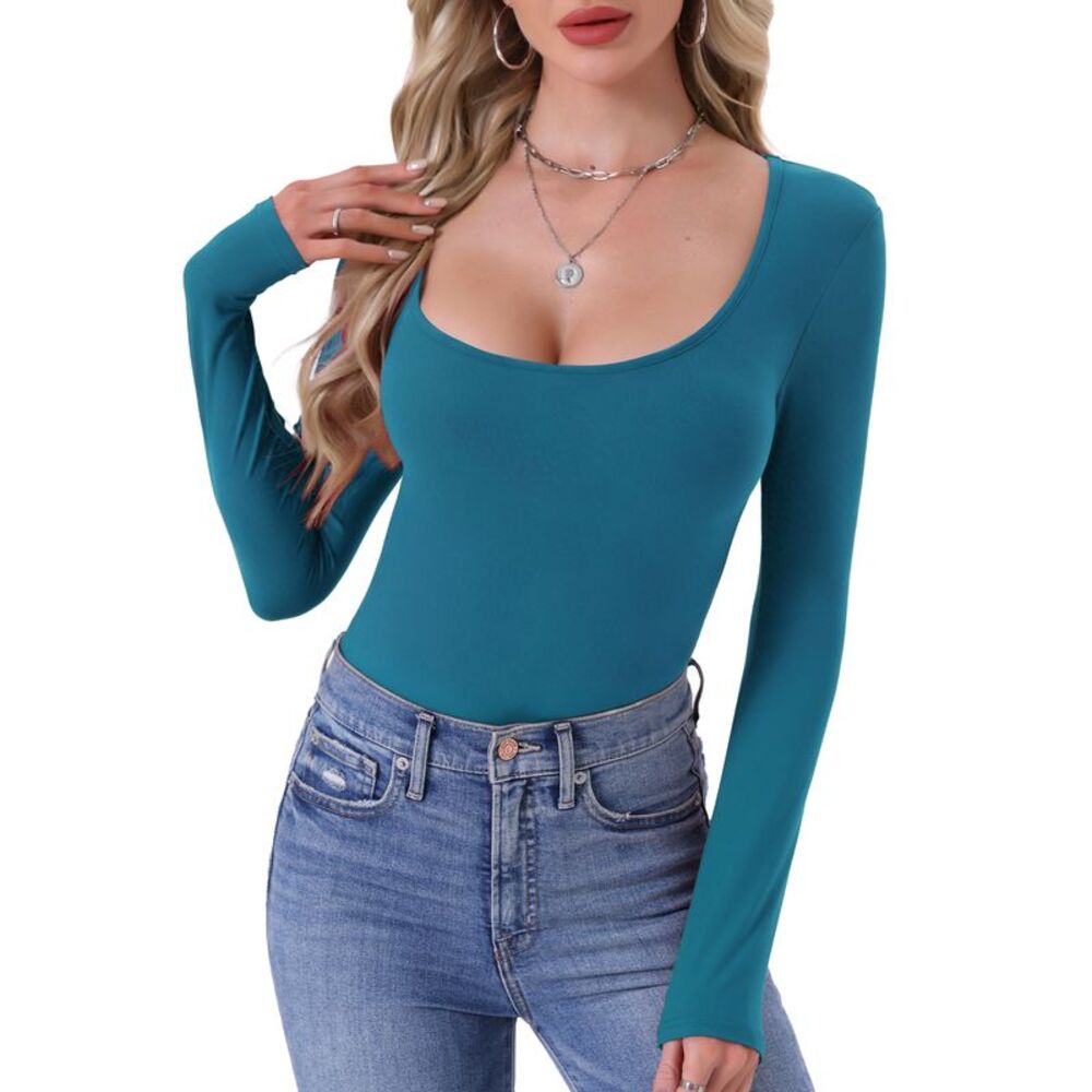 Women's Scoop Neck Long Sleeve Slim Fit Thermal Shirt Lake Blue